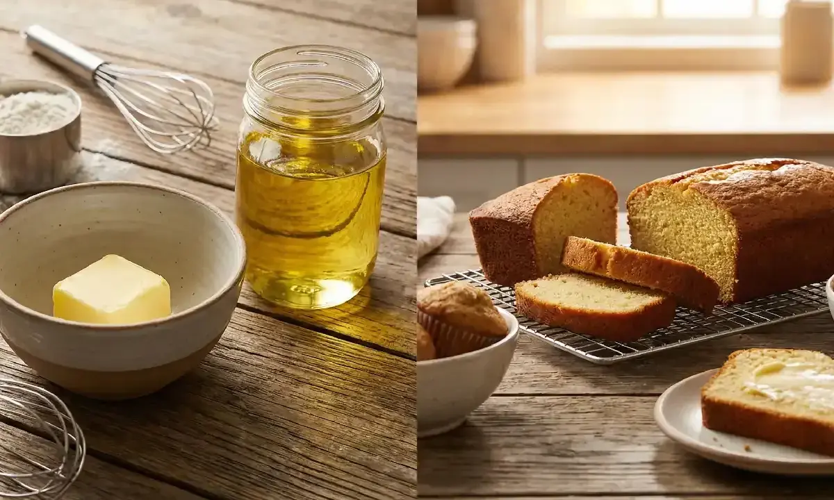 Pour remplacer beurre par huile de coco, voici des pains et muffins dorés. Ingrédients de pâtisserie sur fond de bois.