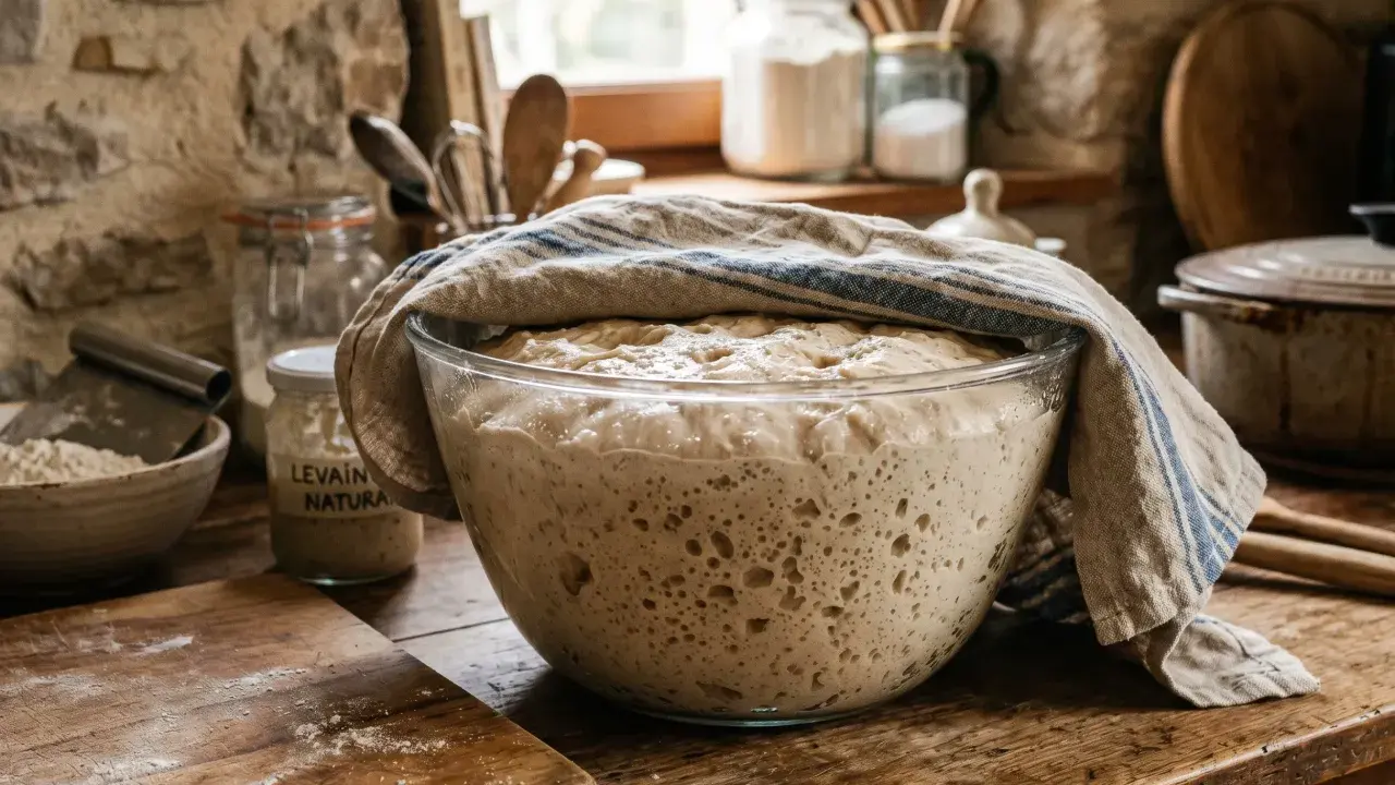 Un levain naturel pétillant dans un bol, prêt à être utilisé. La question "peut on mélanger levure de boulanger et bicarbonate" reste ouverte.