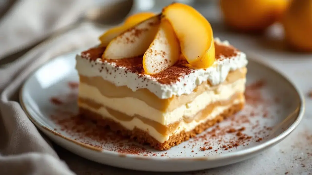 Un déliceux tiramisu vanille aux couches crémeuses et aux fruits, saupoudré de cacao.