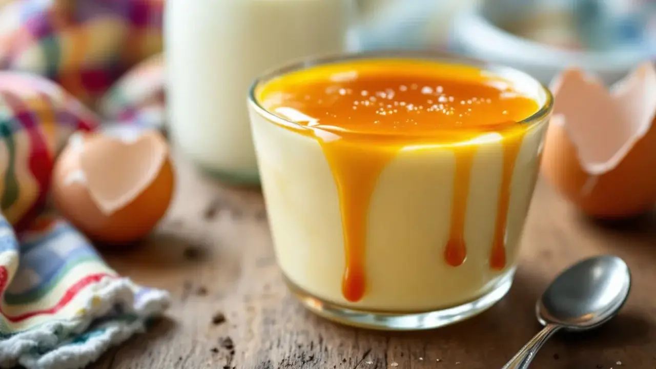 Un délicieux dessert aux oeufs au lait, nappé de caramel coulant, avec des coquilles d'œufs et une bouteille de lait en arrière-plan.