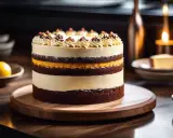 Un magnifique interieur layer cake aux couches de chocolat et de crème, décoré de volutes de crème et de fruits rouges.