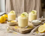 Trois verres de mousse au citron, décorés de rondelles de citron et de menthe. Des citrons entiers et coupés, ainsi que des petits bols de crème et de curd de citron, complètent la scène.