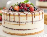 Gâteau naked cake citron, garni de fruits rouges frais et d'un coulis de chocolat. Un délice visuel et gustatif !