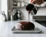 Un chef verse un glaçage miroir sur un entremet. La question "peut on congeler un entremet avec glaçage miroir" se pose devant cette œuvre.