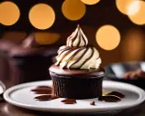 Gourmandise chocolatée : un petit gâteau au glaçage brillant, surmonté d'une ganache délicate et de crème fouettée.