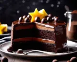 Un délicieux gâteau au chocolat à plusieurs étages, nappé de glaçage brillant et décoré de boules de chocolat et d'étoiles jaunes.