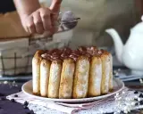 Une main saupoudre de cacao un délicieux charlotte tiramisu, prêt à être dégusté.