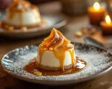 Un dessert crémeux avec une décoration caramel facile, saupoudré de sucre glace et de petits cubes de caramel. Ambiance chaleureuse avec des bougies.