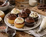 Plate of cupcakes with chocolate and vanilla frosting, sprinkles, and chocolate chips. A piping bag and ingredients suggest a moment of décoration cupcake facile.