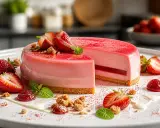 Un délicieux bavarois fraise, orné de fruits frais, de coulis et de crumble, sur une assiette blanche.