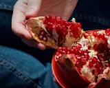 Main d'une personne tenant une grenade fruit éclatée, révélant ses arilles rouges juteuses.