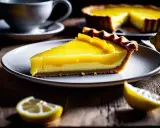 Tranche de tarte au citron, son glacage citron brillant et crémeux, avec des citrons frais et une tasse de café en arrière-plan.