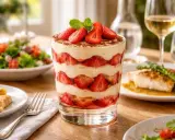 Un délicieux tiramisu fraise, superposé de crème onctueuse et de fruits rouges frais, garni de menthe et de cacao.