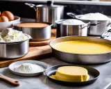 Différents types de moules à pâtisserie sont prêts pour la création de desserts. On y voit des ingrédients comme des œufs, de la farine et de la crème.
