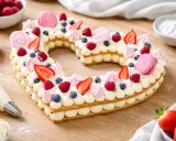 Gâteau en forme de cœur, décoré de fruits rouges, macarons et meringues. Une belle idée de cake design recette pour la Saint-Valentin.