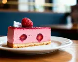 Délicieux gâteau rose avec framboise et fraises, sa texture aérienne suggère l'utilisation de framboise pectine pour une tenue parfaite.