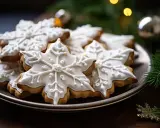 Biscuits en forme de flocons de neige, décorés d'un glacage royal blanc. Ambiance hivernale festive.