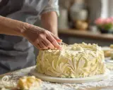 Main d'un pâtissier ajustant la décoration d'un gâteau à la composition pâte à sucre, orné de volutes élégantes.