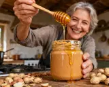 Une femme souriante ajoute du miel à un pot de beurre de cacahuète maison. La conservation de ce délice est assurée par sa préparation soignée.