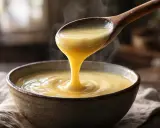 Crème anglaise onctueuse versée d'une cuillère en bois, rappelant la recette grand-mère. Vapeur légère s'échappant de ce délice.