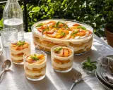 Un délicieux tiramisu aux pêches, présenté dans un grand plat et des verrines individuelles, garni de fruits frais et de menthe.