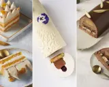 Trois bûches de Noël élégantes : une à la crème et fruits, une blanche givrée, et une au chocolat et poire. Idées pour savoir avec quoi recouvrir une bûche de noël.