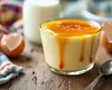 Un délicieux dessert aux oeufs au lait, nappé de caramel coulant, avec des coquilles d'œufs et une bouteille de lait en arrière-plan.