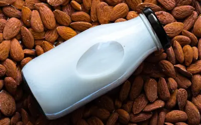 Bouteille de lait d'amande maison posée sur un lit d'amandes entières.