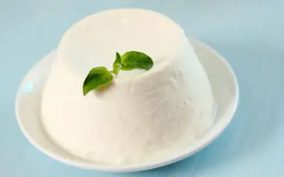 Un dôme de ricotta crémeuse, garni d'une feuille verte, sur une assiette blanche. Découvrez les ricotta bienfaits pour une alimentation saine.
