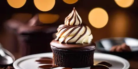 Gourmandise chocolatée : un petit gâteau au glaçage brillant, surmonté d'une ganache délicate et de crème fouettée.