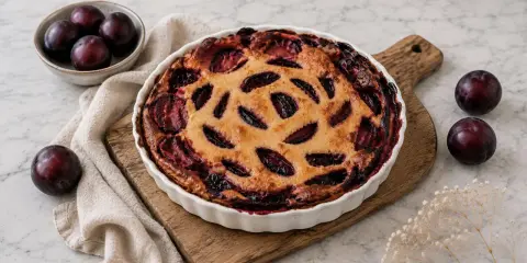 Un délicieux clafoutis aux prunes, doré et garni de fruits juteux, est prêt à être dégusté. Quelques prunes fraîches l'accompagnent.