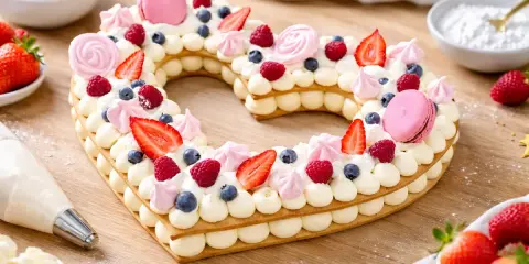Gâteau en forme de cœur, décoré de fruits rouges, macarons et meringues. Une belle idée de cake design recette pour la Saint-Valentin.