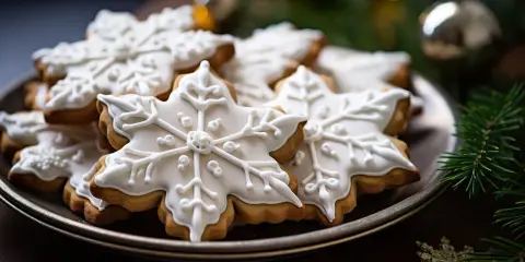 Biscuits en forme de flocons de neige, décorés d'un glacage royal blanc. Ambiance hivernale festive.