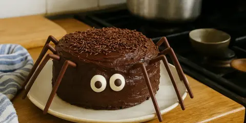 Un **gâteau effrayant Halloween** en forme d'araignée, tout chocolat avec des yeux globuleux et des pattes en bâtonnets. Parfait pour faire frissonner les gourmands !