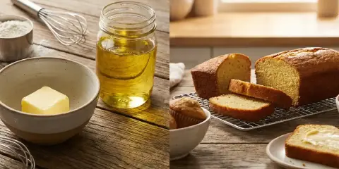 Pour remplacer beurre par huile de coco, voici des pains et muffins dorés. Ingrédients de pâtisserie sur fond de bois.
