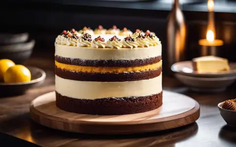 Un magnifique interieur layer cake aux couches de chocolat et de crème, décoré de volutes de crème et de fruits rouges.