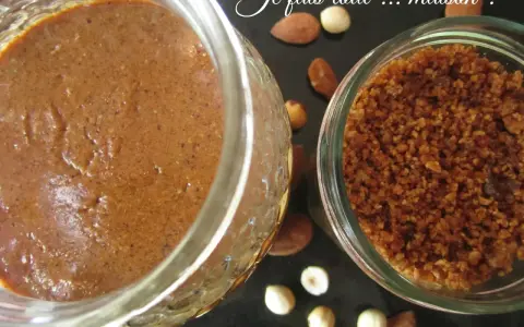 Deux pots de praliné maison, l'un crémeux, l'autre concassé, entourés d'amandes et de noisettes. La conservation est assurée !