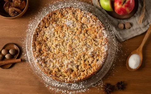 Un délicieux crumble pomme, saupoudré de sucre glace, entouré de pommes fraîches, de noix de muscade et de bâtons de cannelle.