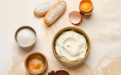 Ingrédients pour un tiramisu : boudoirs, sucre, café, cacao, œuf et un grand bol de mascarpone 500g.