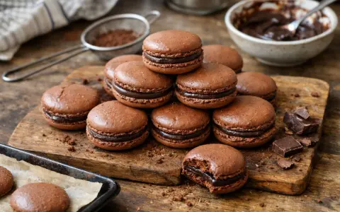 Pile de macarons au chocolat, prêts pour la dégustation. La cuisson macaron parfaite, avec une ganache onctueuse.