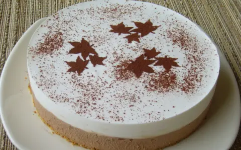 Gâteau bicolore, blanc et chocolat, décoré de feuilles d'automne en cacao. Un dessert léger et gourmand pour célébrer l'automne.