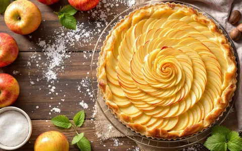 Tarte aux pommes magnifiquement décorée, avec des pommes finement tranchées formant une spirale. Quelle pomme pour tarte ? Celle-ci est parfaite !