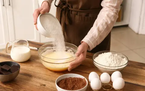 Préparation d'un gâteau : on verse du sucre dans un bol, une alternative pour remplacer le sucre blanc. Ingrédients : œufs, lait, farine, cacao, chocolat.