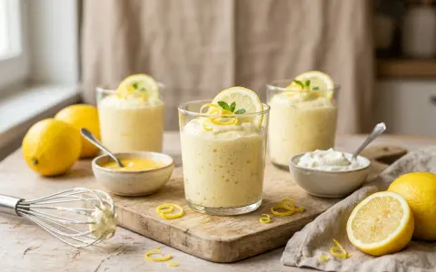 Trois verres de mousse au citron, décorés de rondelles de citron et de menthe. Des citrons entiers et coupés, ainsi que des petits bols de crème et de curd de citron, complètent la scène.