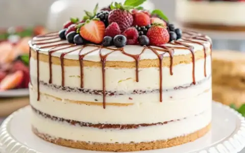 Gâteau naked cake citron, garni de fruits rouges frais et d'un coulis de chocolat. Un délice visuel et gustatif !