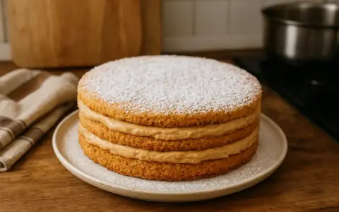 Gâteau à trois étages garni de crème onctueuse, saupoudré de sucre glace. Une délicieuse recette avec biscuit écrasé pour un dessert parfait.