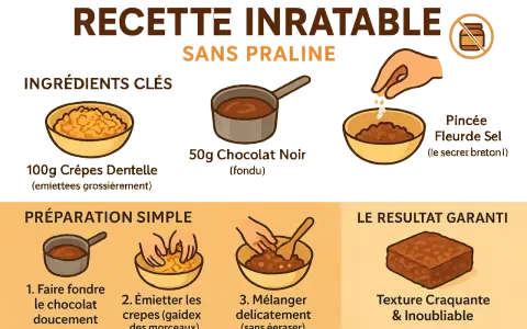 Recette facile pour un croustillant feuillantine sans praliné : chocolat fondu, crêpes dentelle émiettées et une pincée de fleur de sel pour un résultat garanti.