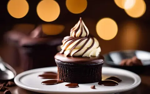 Gourmandise chocolatée : un petit gâteau au glaçage brillant, surmonté d'une ganache délicate et de crème fouettée.