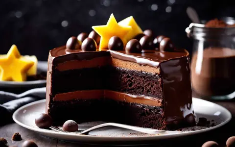 Un délicieux gâteau au chocolat à plusieurs étages, nappé de glaçage brillant et décoré de boules de chocolat et d'étoiles jaunes.