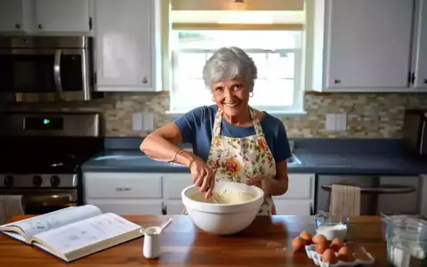 Une grand-mère souriante prépare une pâte. Elle sait à quoi sert la levure chimique : à rendre ses gâteaux légers et aériens !